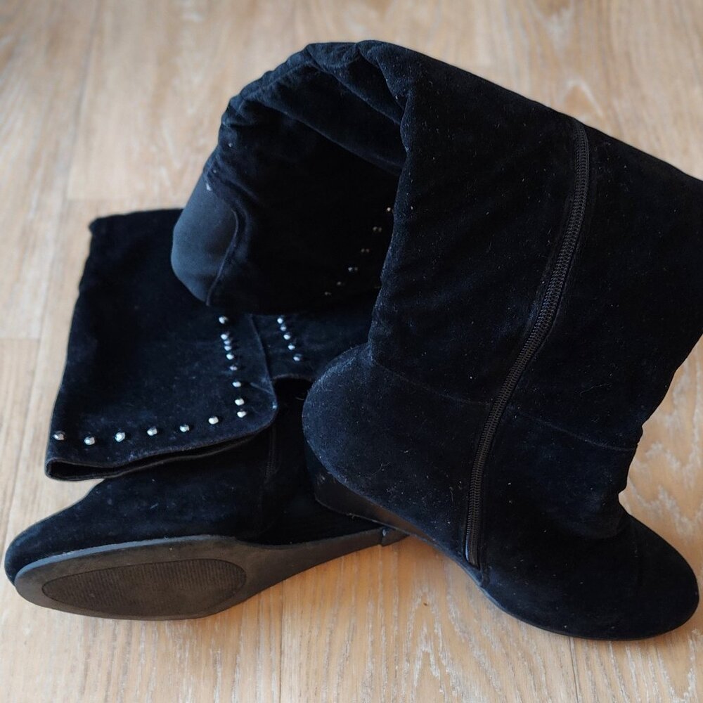 Black Suede Sexy wedge thigh high boot with studded embellishment